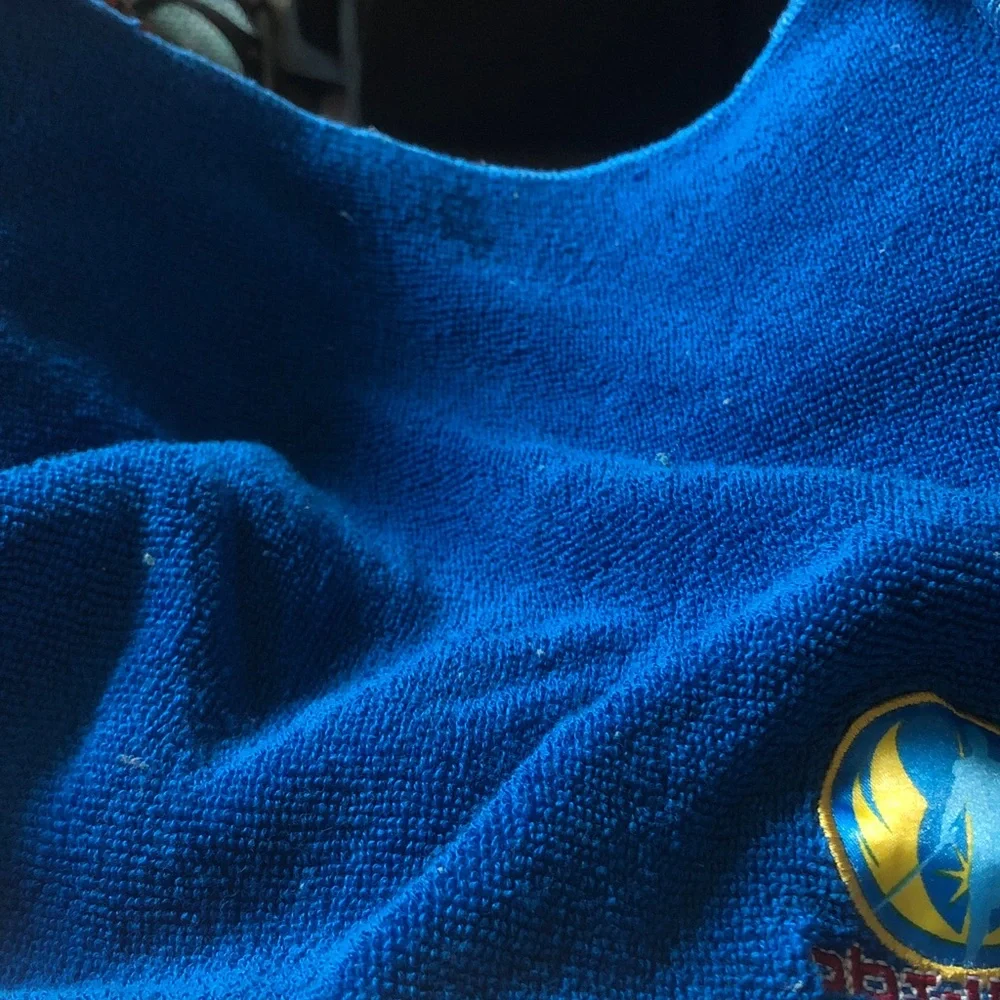Blue Plush Towel with Yellow & Gold Logo Accent